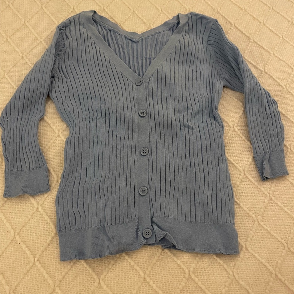 Blue Ribbed Button-Up Cardigan